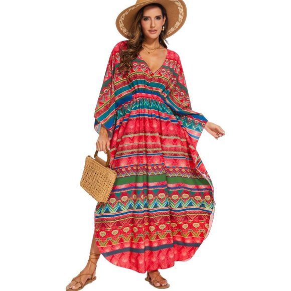 Women's Red Print 100% Polyester V Neck Summer Beach Dresses Cover Caftan Maxi - Picture 4 of 5